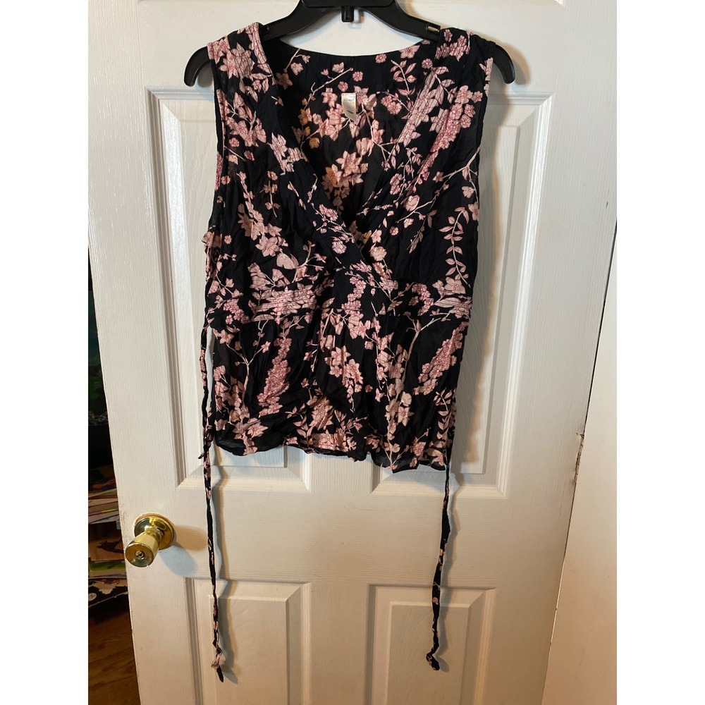 Old Navy Womens XL Black Pink Floral Surplice Sleeveless Blouse CinchedWaist Top